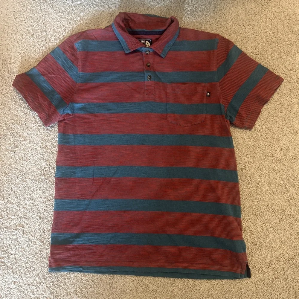 The North‎ Face Polo Shirt Mens Medium  Red Blue Striped Chest Pocket Casual